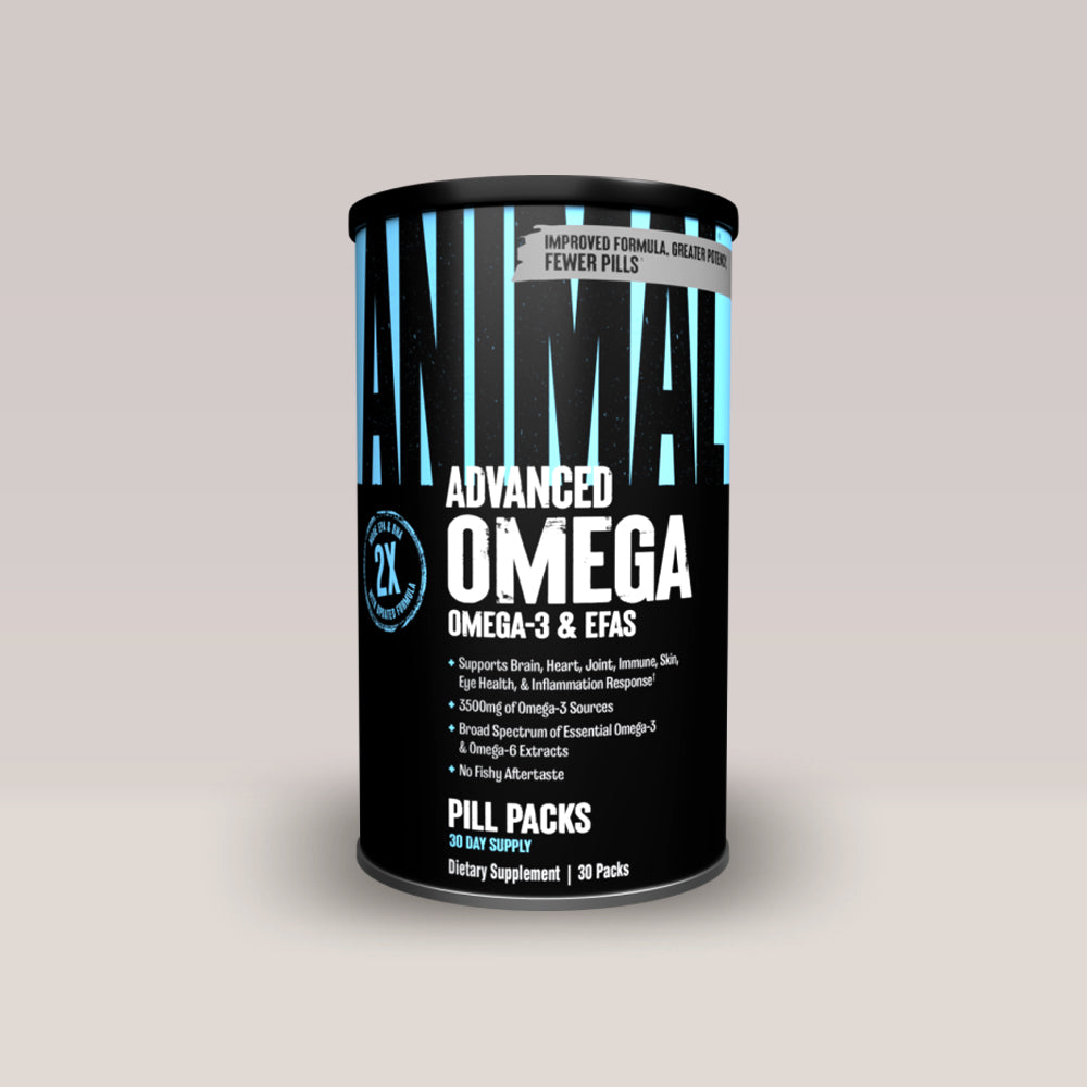 Cutie neagră de Animal Omega de la Universal Nutrition, un supliment cu 30 de pachete de acizi grași esențiali omega 3 și 6.