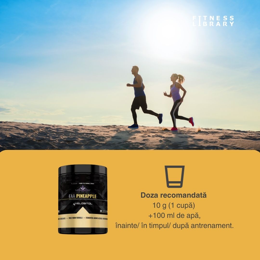 Performanță maximă cu Velositol EAA. Regenerare accelerată, sinteză proteică amplificată. Rezultate vizibile.