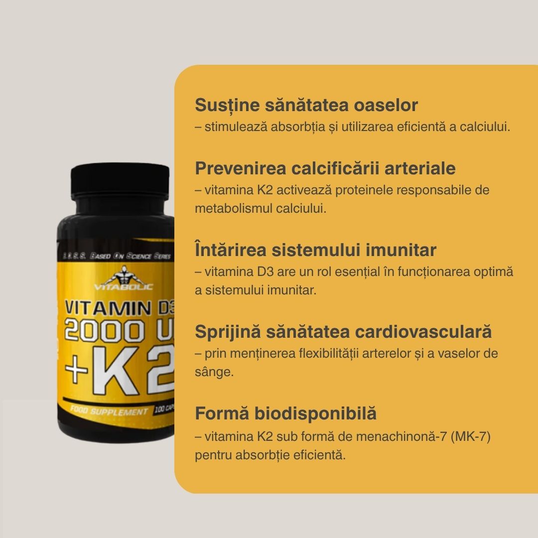 Oase puternice, inimă sănătoasă cu Vitamina D3+K2 Vitabolic. Trăiește din plin cu încredere!