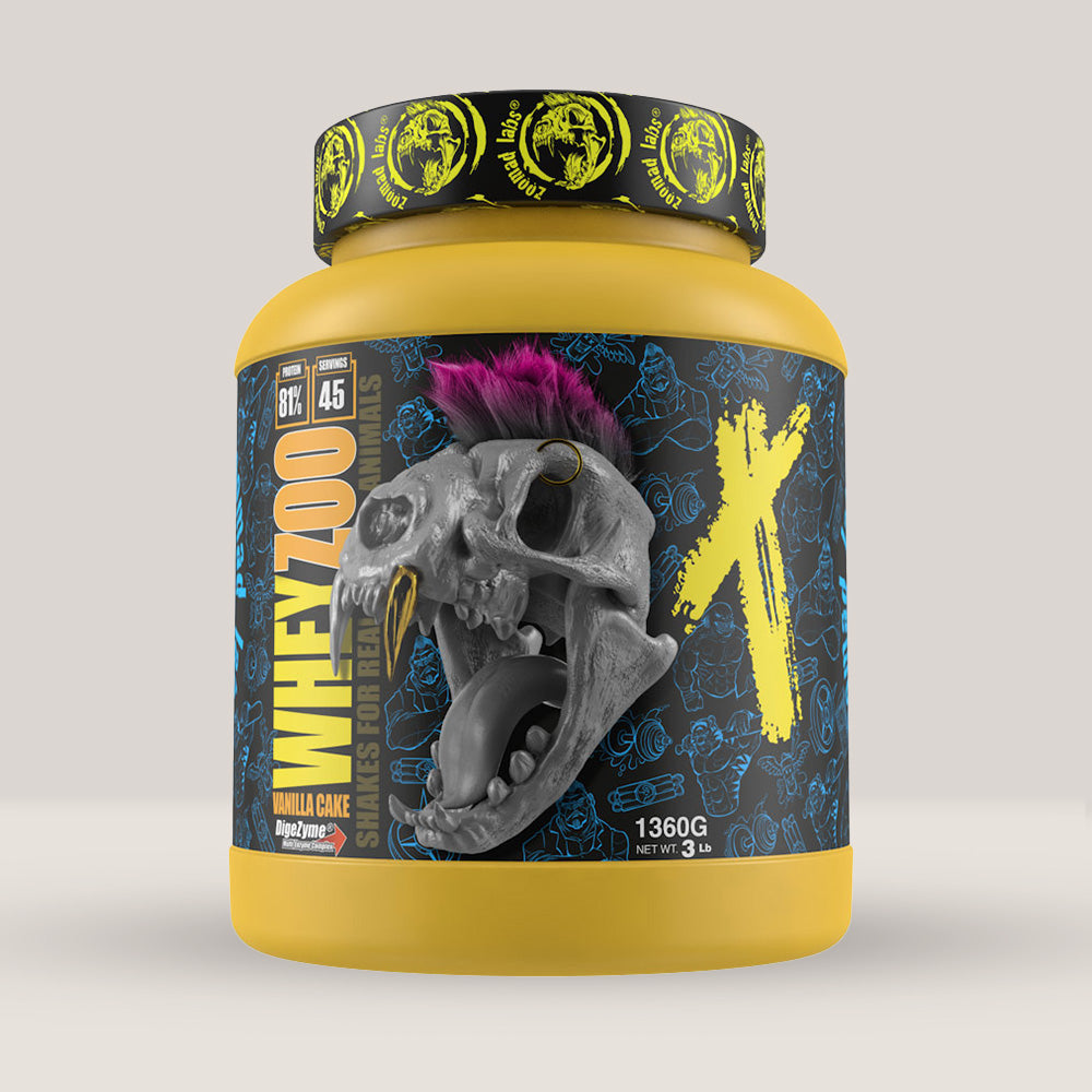 Recipient de Wheyzoo de la Zoomad Labs, concentrat proteic din zer cu enzime digestive DigeZyme, ambalaj de 1.36kg.