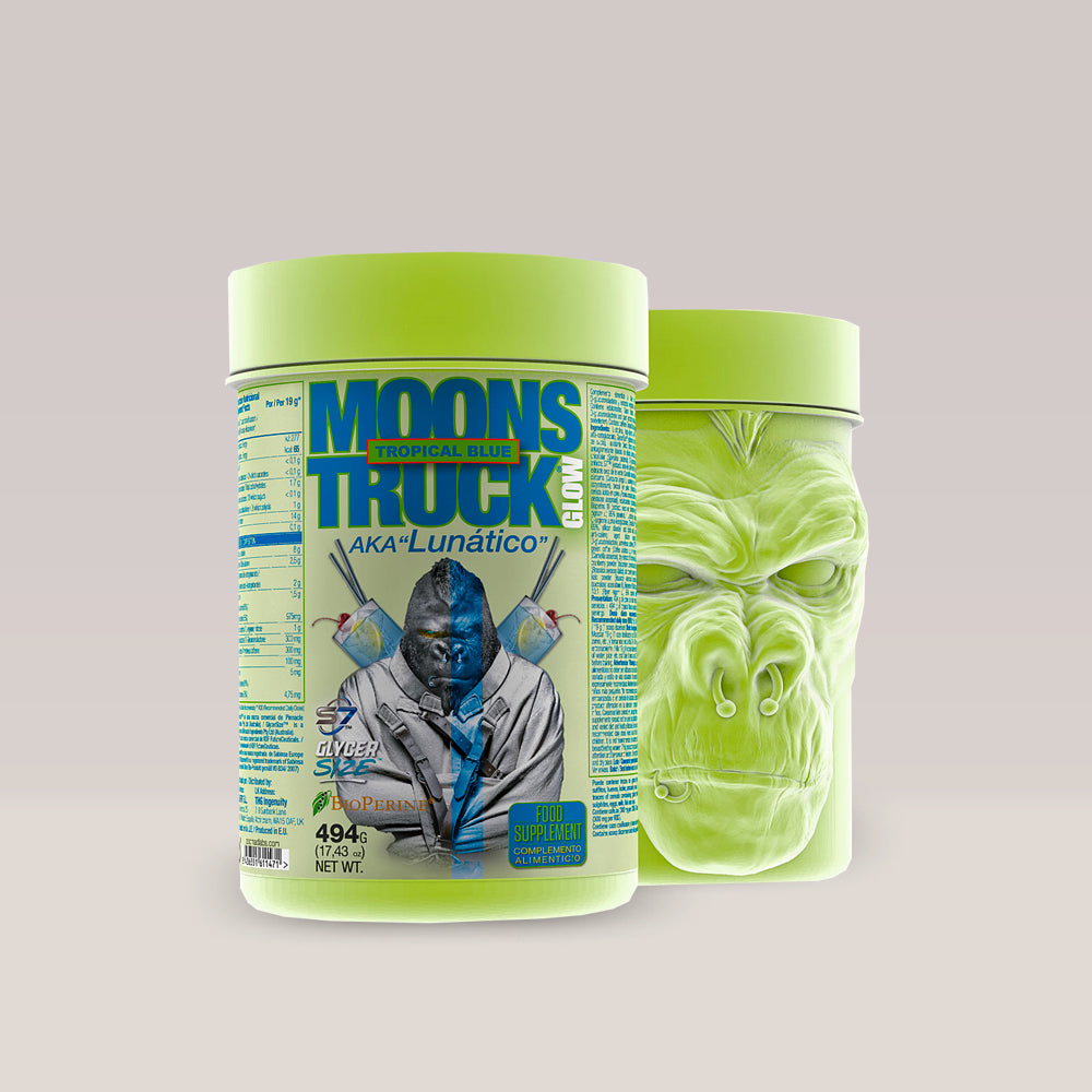 Cutie de Moonstruck Glow, ediția Tropical Blue, de la Zoomad Labs, supliment pre-workout premium, ambalaj de 494g.