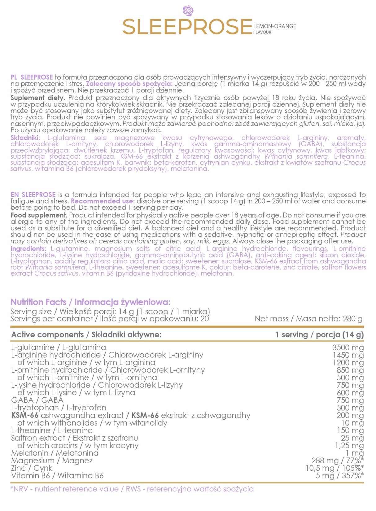 Imagine cu tabelul valorilor nutriționale a suplimentului alimentar Sleeprose de la ALLDEYNN, 280g.