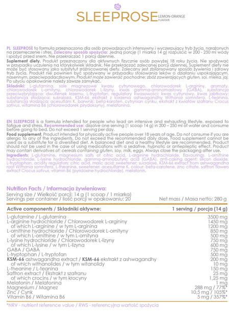 Imagine cu tabelul valorilor nutriționale a suplimentului alimentar Sleeprose de la ALLDEYNN, 280g.