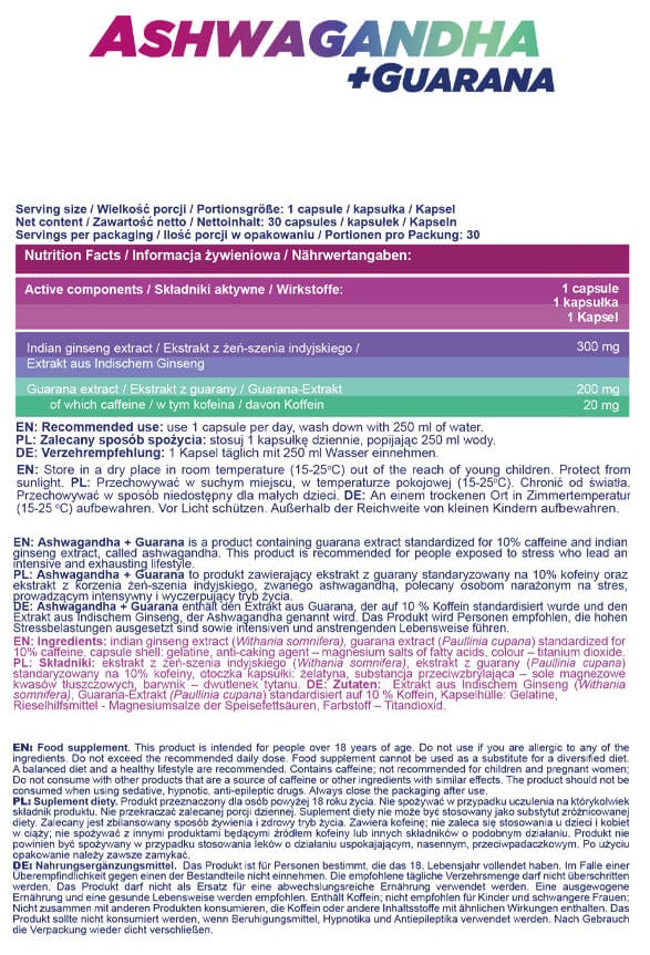 Imagine cu tabelul nutritional al valorilor de Ashwagandha + Guarana (30 capsule) de la ALLNUTRITION, un supliment energizant cu Ashwagandha și Guarana.