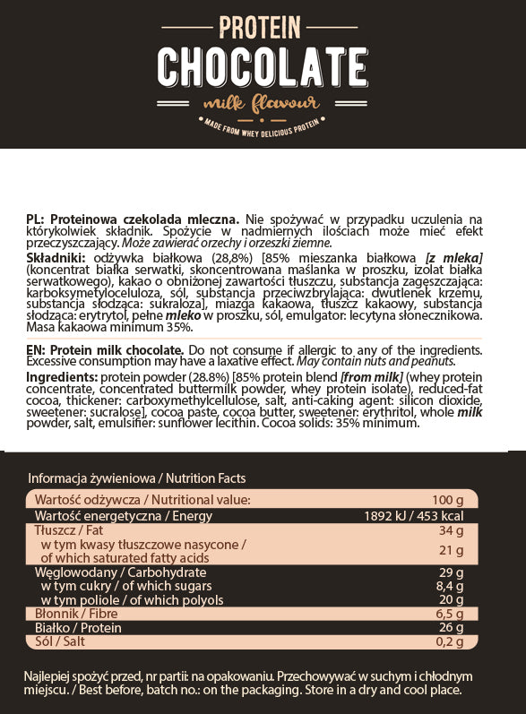 Imagine cu tabelul valorilor nutritionale al ciocolatei proteice Protein Chocolate cu lapte de la ALLNUTRITION, 100g.