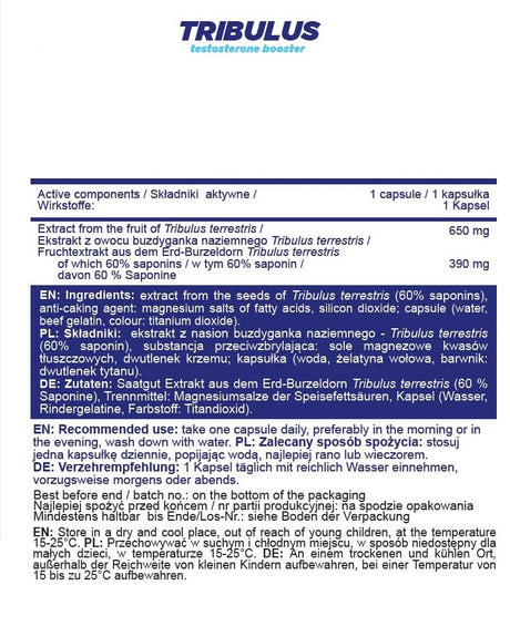 Imagine cu tabelul nutritional de Extract Tribulus (100 capsule) de la ALLNUTRITION, un supliment natural pentru creșterea testosteronului.