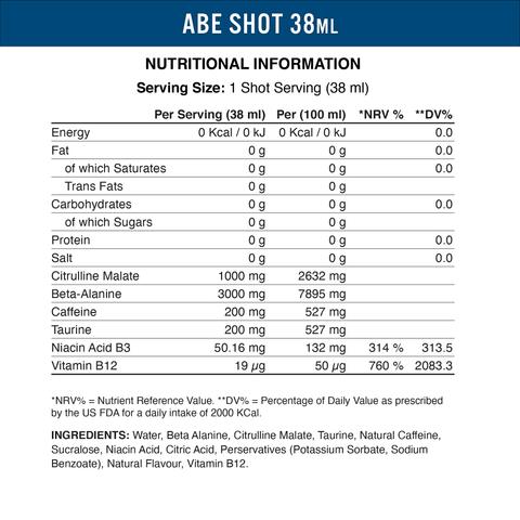Imagine cu tabelul valorilor nutritionale de ABE Ultimate Pre Workout Shot 60ml de la Applied Nutrition, un shot energizant pentru antrenament.