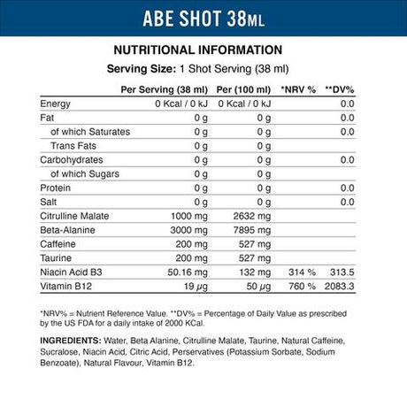 Imagine cu tabelul valorilor nutritionale de ABE Ultimate Pre Workout Shot 60ml de la Applied Nutrition, un shot energizant pentru antrenament.