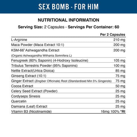 Imagine cu Applied Nutrition Sex Bomb pentru bărbați, activator al libidoului masculin, 120 de capsule, 60 de serviri.