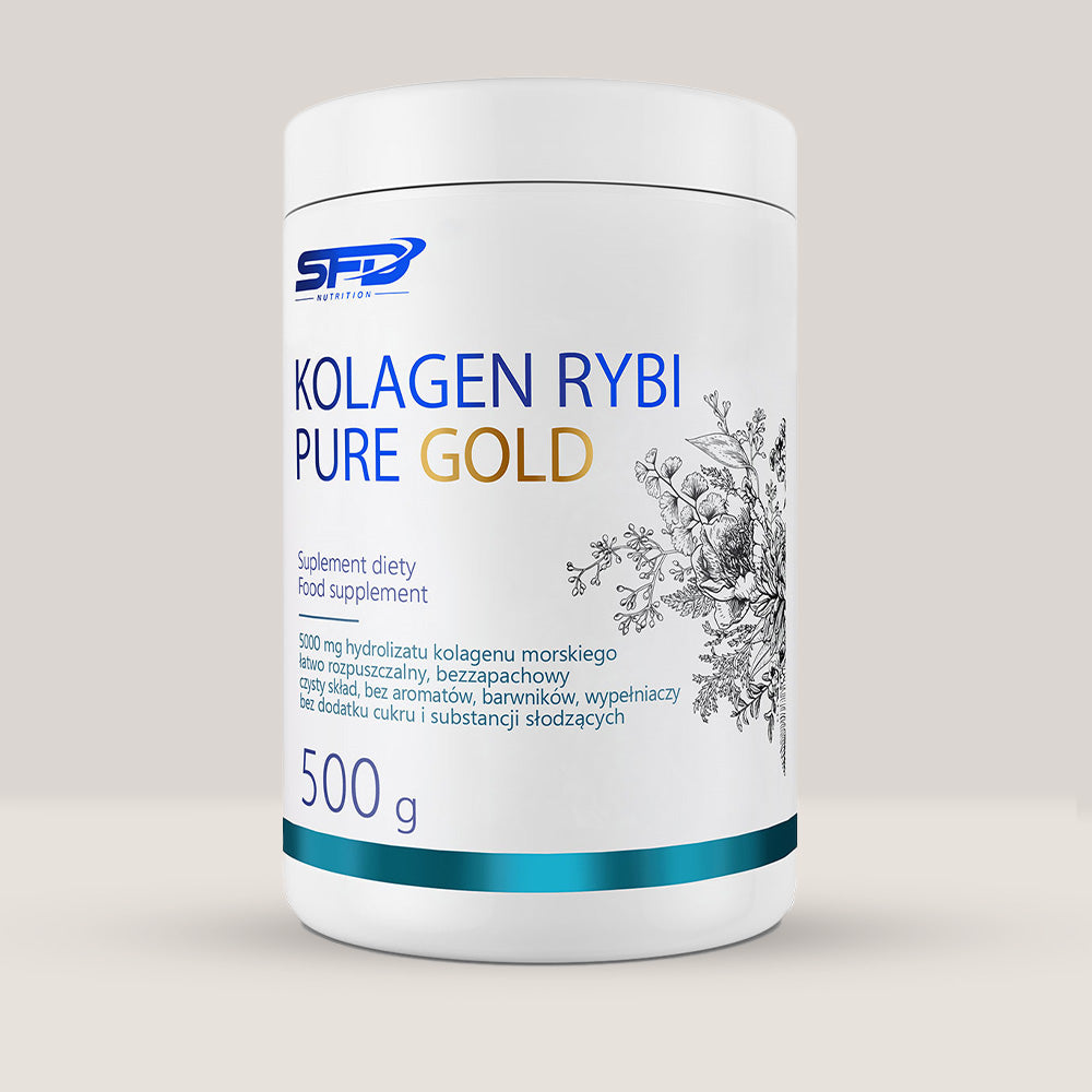 Imagine cu o cutie de SFD Collagen Pure Gold Rybi 500g (50 de serviri) de la SFD Nutrition, un supliment cu colagen hidrolizat pur din pește pentru sănătatea pielii, părului, unghiilor și articulațiilor.