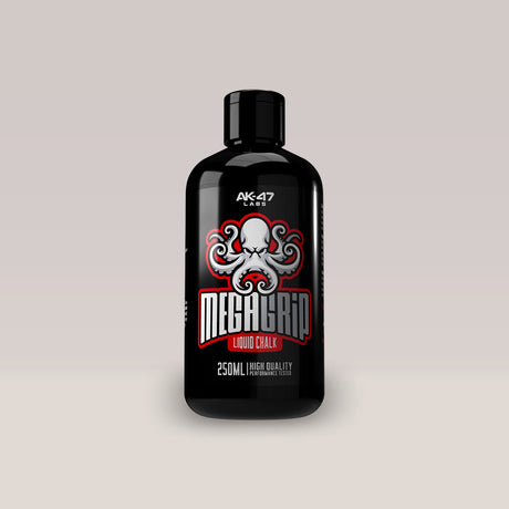 Sticlă de magneziu lichid AK47 Labs Mega Grip, o soluție de cretă lichidă pentru aderență.