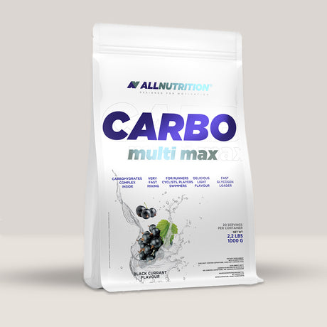 Imagine cu o cutie de Carbo Multi Max (1000g, 20 de serviri) de la ALL Nutrition, un supliment cu carbohidrați pentru energie. Aromă de coacăze negre.