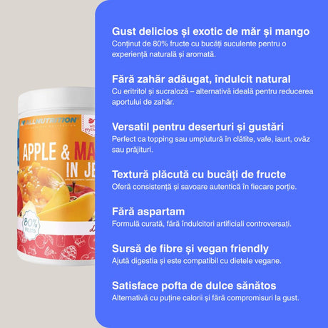 Gem premium mere-mango, 80% fructe, fără zahăr adăugat. Mic dejun delicios și hrănitor. ALLNUTRITION.