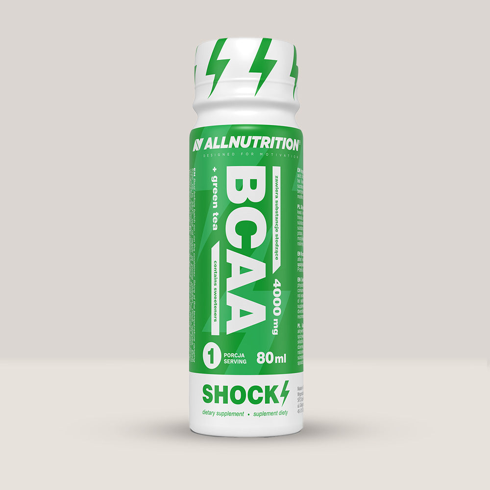 Imagine cu pachetul de 12 doze de BCAA + Green Tea Shock Shot de la ALLNUTRITION, 80ml per doză.
