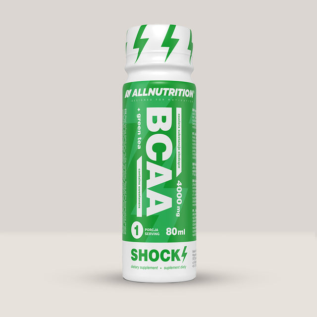 Imagine cu pachetul de 12 doze de BCAA + Green Tea Shock Shot de la ALLNUTRITION, 80ml per doză.