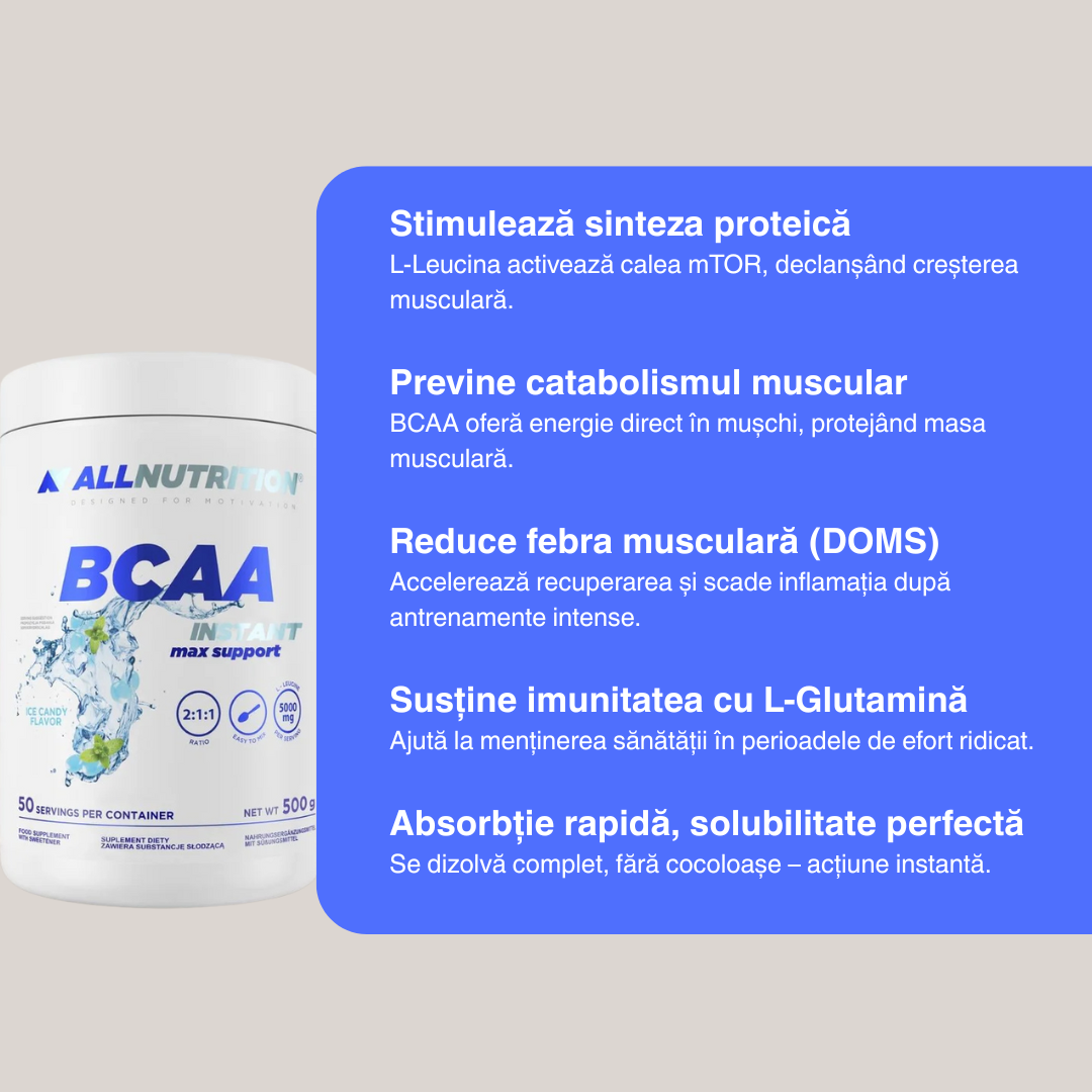 BCAA MAX SUPPORT INSTANT 500g – Formulă instantizată de aminoacizi esențiali (refacere accelerată & protecție anticatabolică) – 2 porții | ALLNUTRITION