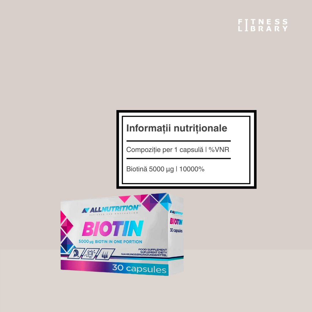 Biotina AllNutrition: Păr, piele și unghii sănătoase pentru o strălucire naturală radiantă.