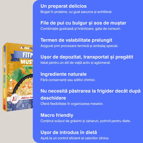 Pui suculent cu sos fin de muștar și bulgur nutritiv. Revitalizează-te rapid și atinge-ți potențialul maxim. ALLNUTRITION.