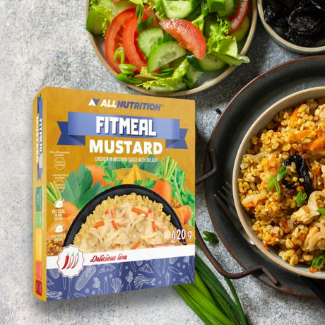 Pui fraged în sos de muștar fin cu bulgur nutritiv. Prânz gourmet rapid, ALLNUTRITION FitMeal Mustard. Revitalizează-te și cucerește ziua!