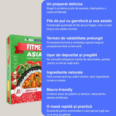 Savurează FitMeal Asian: pui fraged, orez parfumat, energie instant. Gust asiatic autentic, echilibrat și rapid.