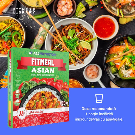 Mese asiatice echilibrate și savuroase, gata rapid. FitMeal Asian: pui fraged, orez parfumat și sos picant.