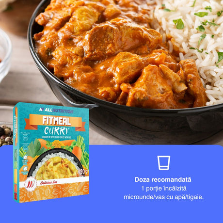 Energie rapidă cu pui curry & orez pufos. Gust gourmet, stil de viață activ. ALLNUTRITION.