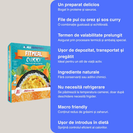 Pui fraged în sos curry delicat cu orez parfumat. Masă rapidă, nutritivă și exotică. ALLNUTRITION.
