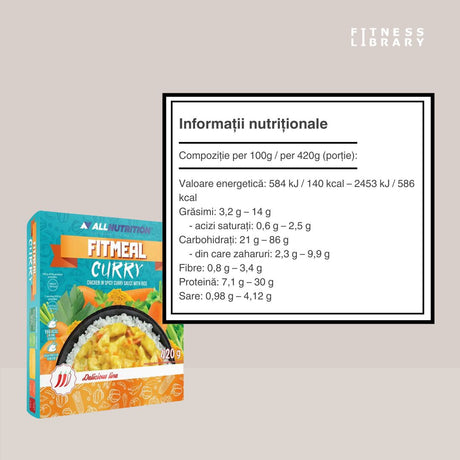 Pui fraged cu orez parfumat și sos curry delicat. Masă completă ALLNUTRITION, rapidă și hrănitoare.