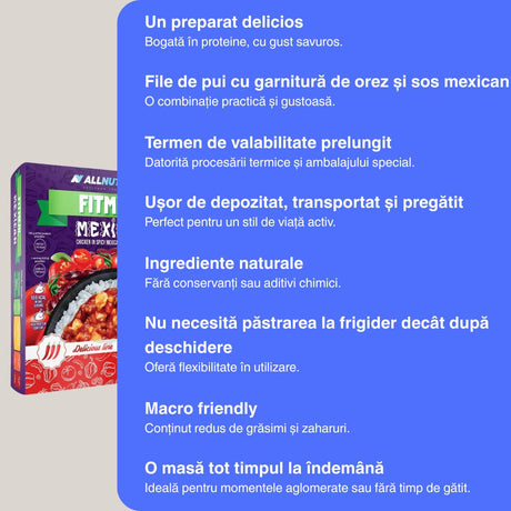 Energie instant cu FITMEAL Mexican: pui fraged, orez parfumat și sos picant, o masă completă gata în minute. Gust autentic, stare de bine, fără compromisuri.