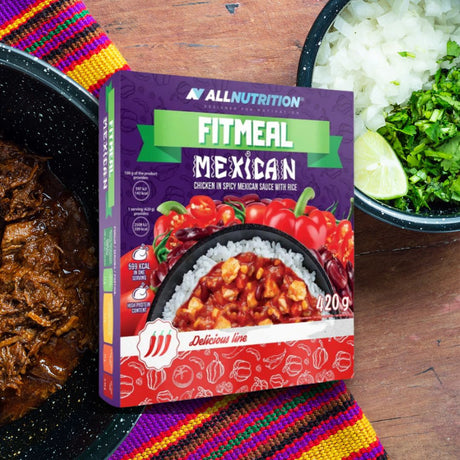 Pui picant mexican cu orez parfumat. Masă completă, gata rapid. Savurează gustul autentic! ALLNUTRITION