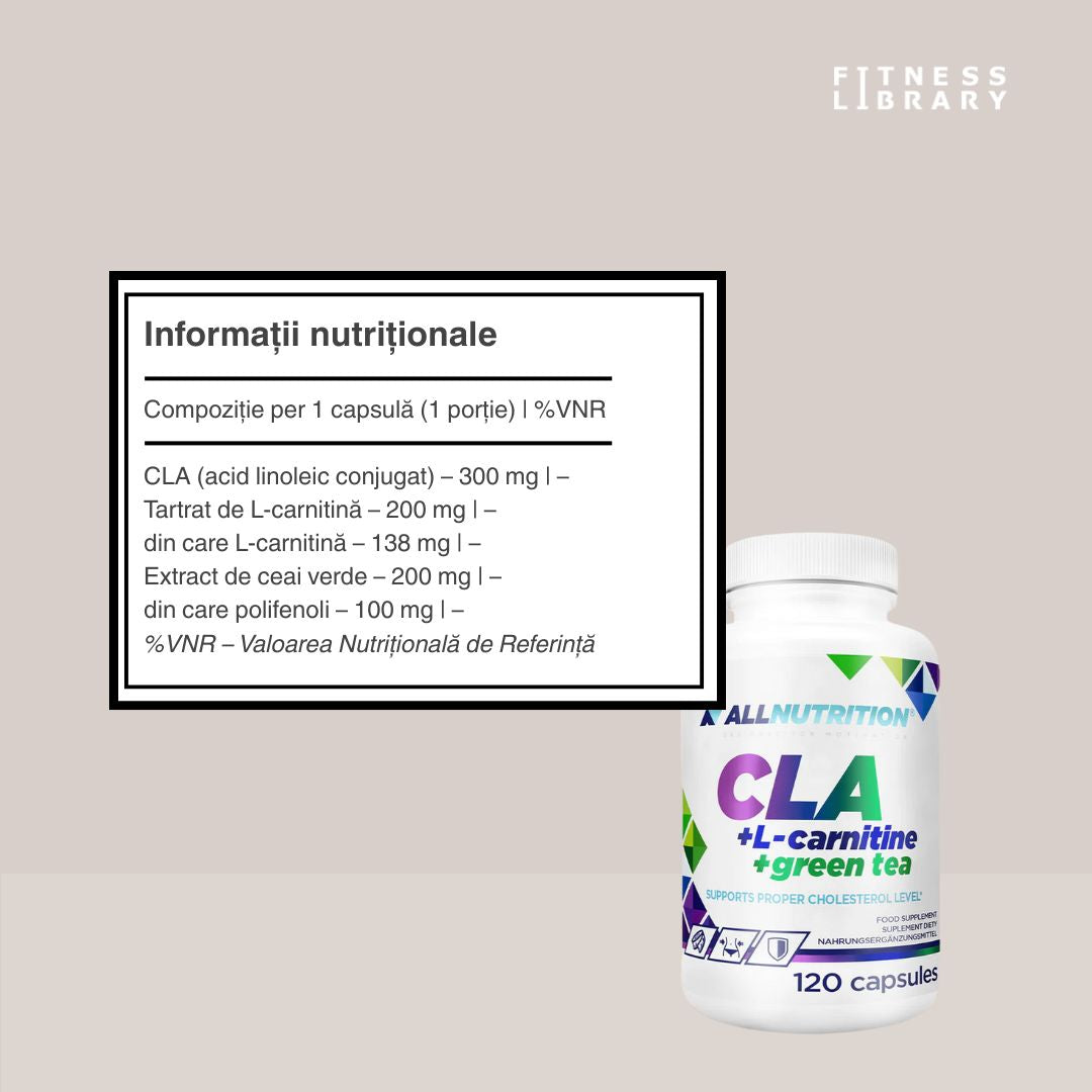 Siluetă ideală, energie vibrantă, metabolism rapid. ALLNUTRITION CLA + L-Carnitină + Ceai Verde. Transformă-te elegant.