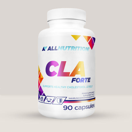 Imagine cu o cutie de CLA Forte (90 capsule) de la ALLNUTRITION, un supliment cu Acid Linoleic Conjugat (CLA) pentru arderea grăsimilor.