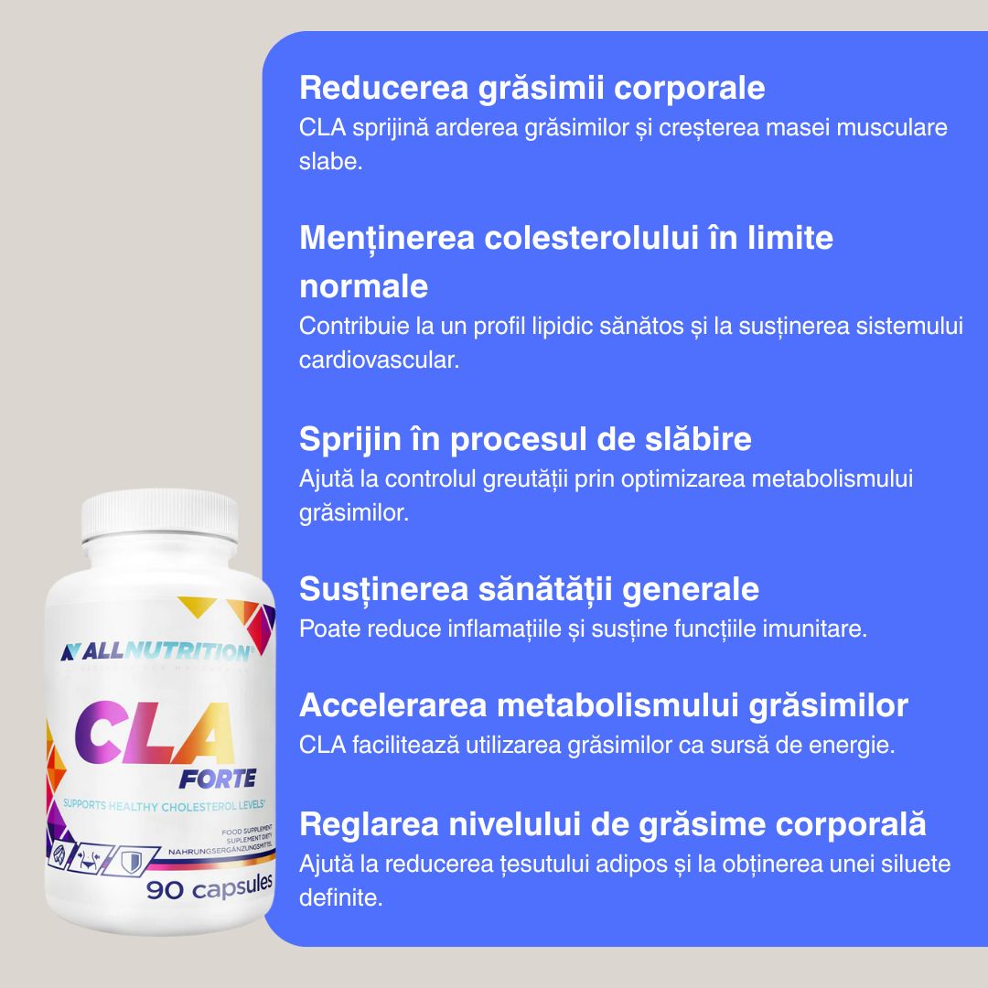 Siluetă visată? CLA Forte de la AllNutrition definește conturul corpului, susține metabolismul și dezvăluie o versiune radiantă a ta.