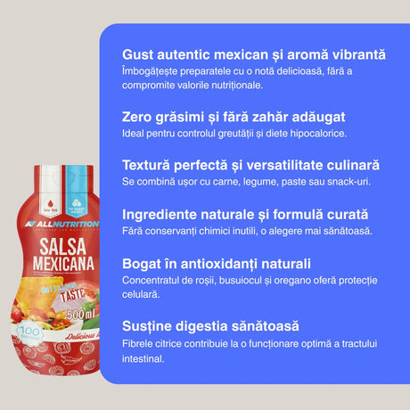 Savoare mexicană autentică, 0 grăsimi, 0 zahăr! ALLNUTRITION Salsa Mexicana - gust pur pentru un stil de viață echilibrat.