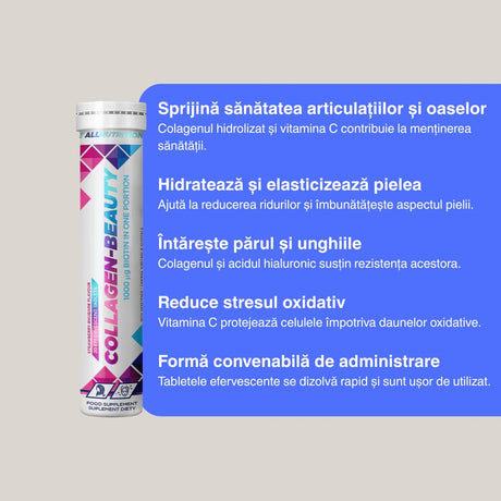 Colagen efervescent ALLNUTRITION: Articulații suple, piele radiantă, păr strălucitor. Tinerețe și încredere zilnică.