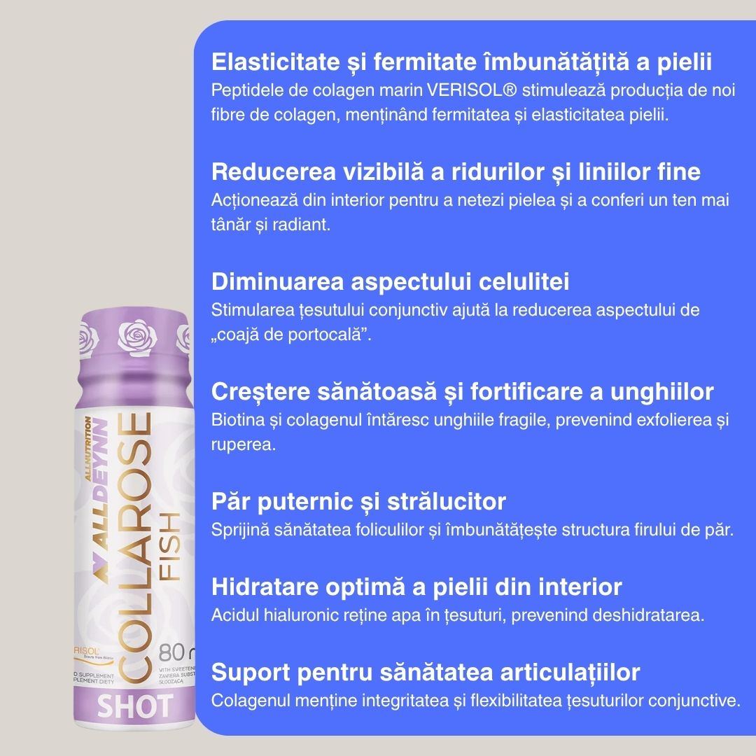 Colagen VERISOL®, acid hialuronic și biotină pentru piele, păr și unghii superbe. Collarose Fish Shot - ALLDEYNN.