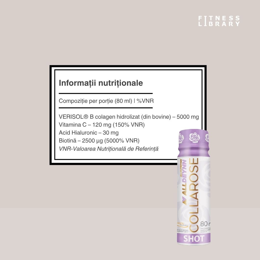 Strălucire interioară cu Collarose Shot! Colagen VERISOL®, acid hialuronic și biotină pentru piele, păr și unghii radiante.