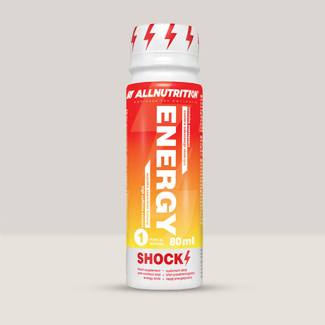 Imagine cu pachetul de 12 doze de Energy Shock Shot de la ALLNUTRITION, 80ml per doză.