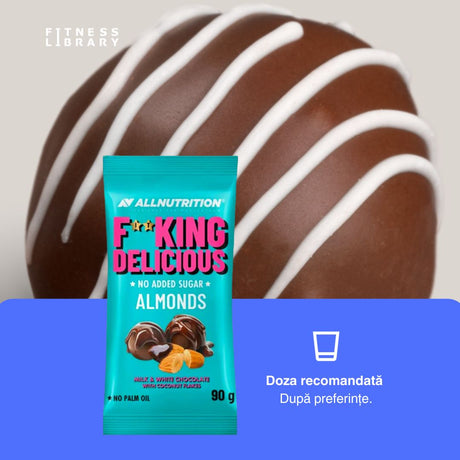 Migdale crocante în ciocolată albă și cu lapte, fulgi de cocos, fără zahăr adăugat. Indulgență pură. Fitking Delicious Almonds.