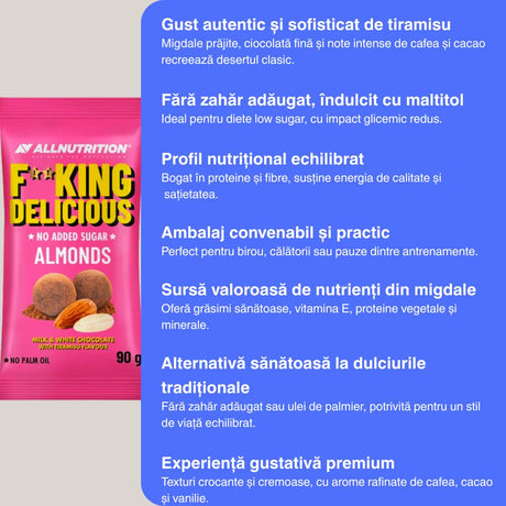 Migdale crocante în ciocolată albă și cu lapte, aromă subtilă de tiramisu. Răsfăț pur!