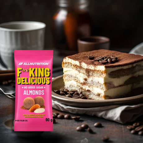 Migdale crocante în ciocolată albă și cu lapte, aromă de tiramisu, fără zahăr adăugat. Răsfăț pur de la ALLNUTRITION.