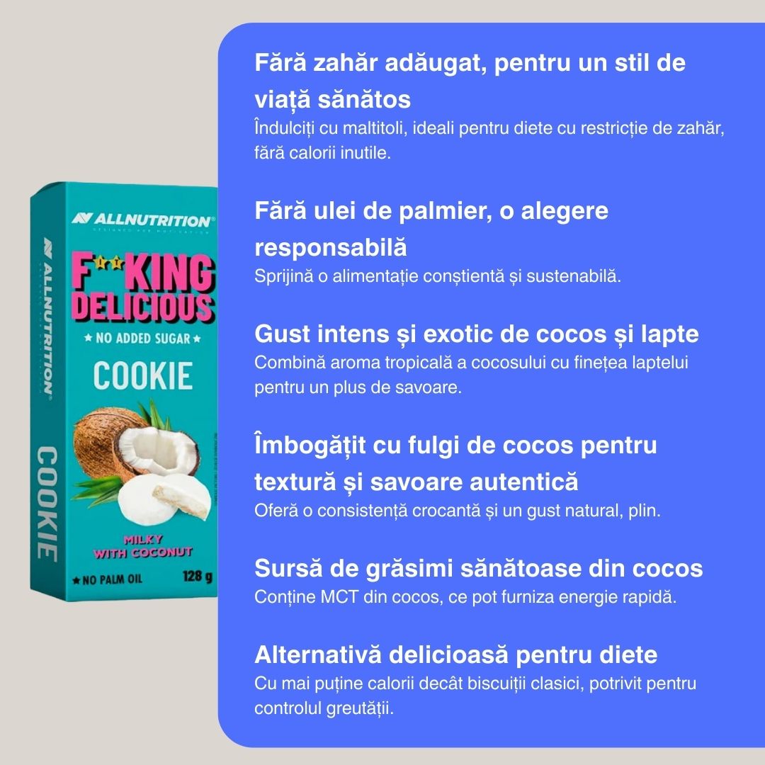 Biscuiți Fitking Delicious: Gust exotic de cocos și lapte, fără zahăr adăugat. Răsfăț sănătos și echilibrat.