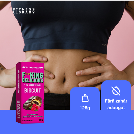 Biscuiți FitKing Delicious: Zmeură și ciocolată neagră, fără zahăr și ulei de palmier. Gust intens, textură crocantă. Indulgență fără compromisuri.