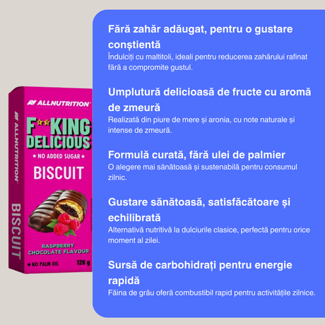 Răsfăț fit cu zmeură și ciocolată neagră. Biscuiții FitKing: gust intens, stil de viață conștient. #FitKing #AllNutrition #Wellness #LuxurySnacks #GuiltFreePleasure