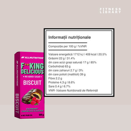 Biscuiți FitKing Delicious: Zmeură și ciocolată neagră decadentă, pentru un răsfăț echilibrat, fără remușcări.