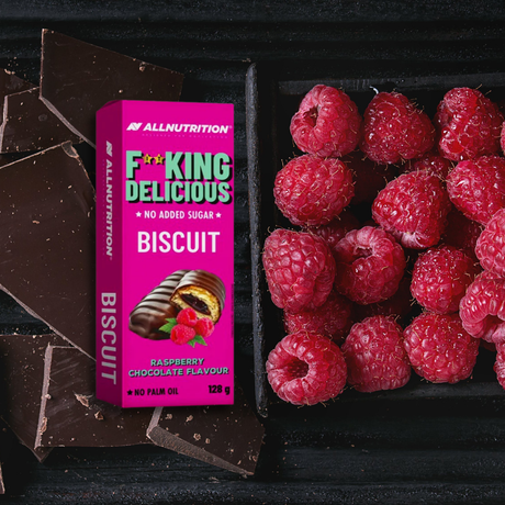 Biscuiți FitKing Delicious: Răsfăț gourmet fără zahăr și ulei de palmier, cu zmeură și ciocolată neagră. Savurează dulcele, păstrează-ți echilibrul!