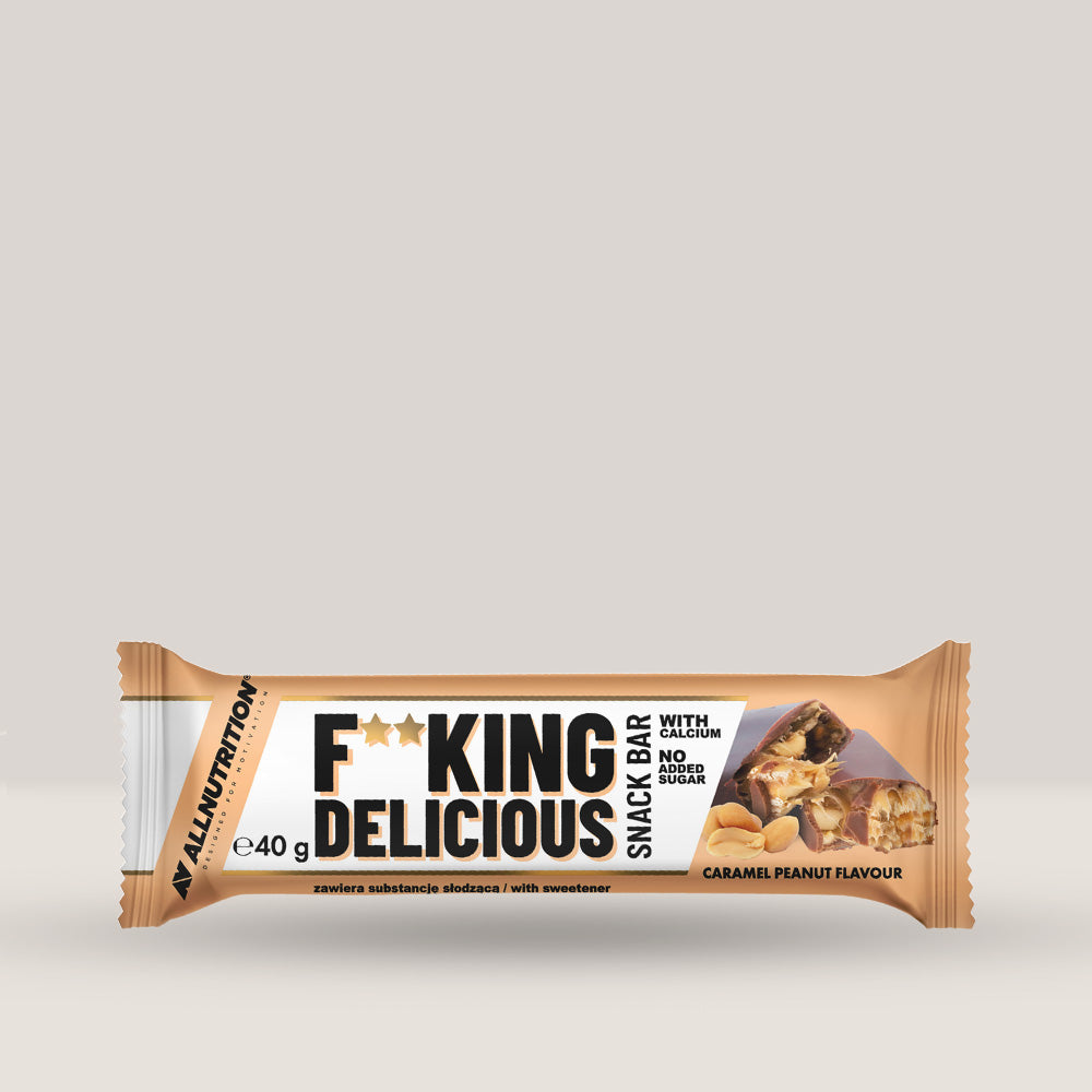 Imagine cu un baton Fitking Delicious Snack Bar de la ALLNUTRITION, 40g. Aroma de caramel peanut.