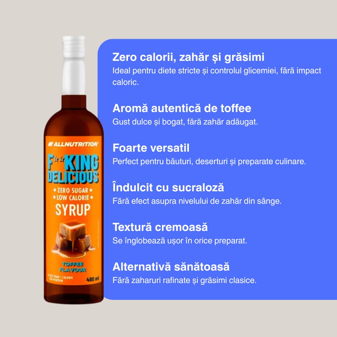 Sirop FitKing: Aromă intensă de toffee, fără zahăr, fără calorii. Răsfăț pur, stil de viață echilibrat.