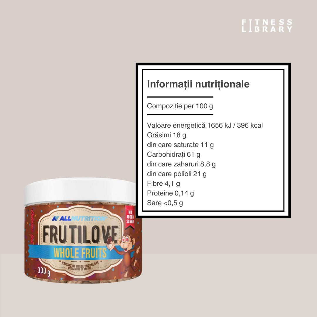 Răsfăț conștient, fără zahăr adăugat: stafide și ciocolată albă cu aromă de cafea. Reîncarcă-te!