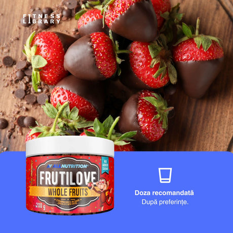 Căpșuni liofilizate în ciocolată neagră intensă (54% cacao, fără zahăr adăugat).  Savoare divină, antioxidanți prețioși. ALLNUTRITION.